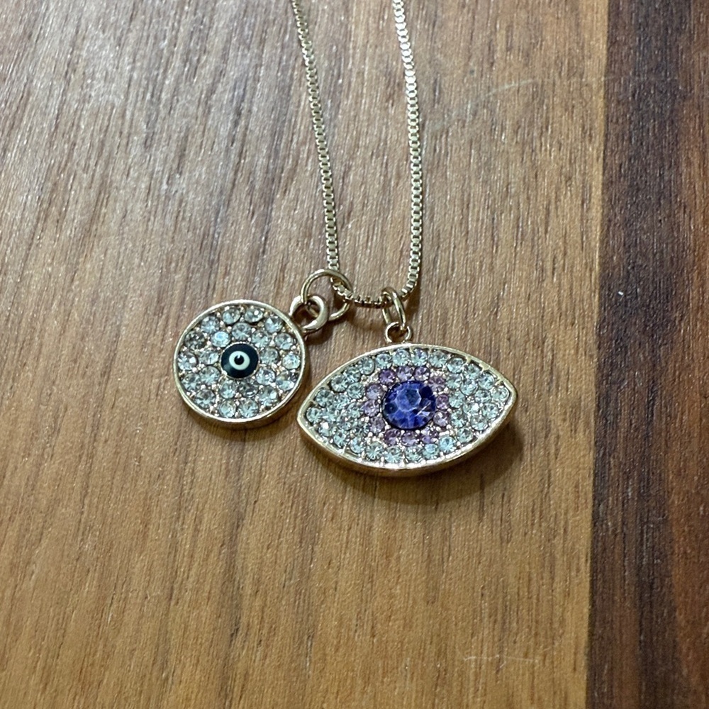 Aldo Gold Tone Evil Eye Pave Rhinestone Blue Purple Double Charm Necklace